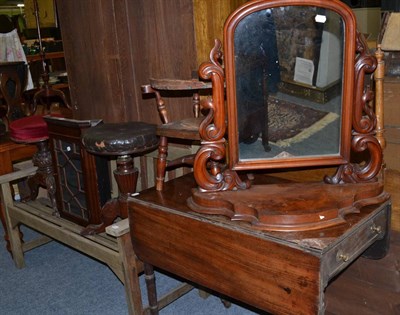 Lot 1144 - A 19th century mahogany Pembroke table (a.f.), a 19th century toilet mirror, a child's chair, a...