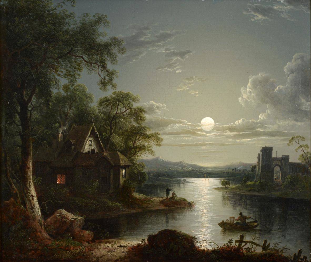 Lot 545 - Sebastian Pether (1790-1844) Boating before a cottage on a lake by moonlight  Oil on canvas, 28.5cm
