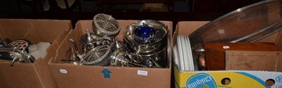 Lot 1181 - Three boxes of silver plated ware including trays, a cased Viners King's pattern table service,...