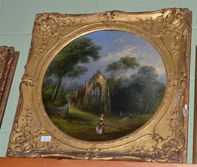 Lot 1213 - 19th century school, ruined abbey, with a figure in the foreground, oil on canvas, in an ornate...