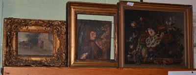 Lot 1215 - Manner of Pieter Hardime, still life of flowers, oil on canvas together with study of a boy and...