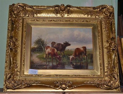 Lot 1222 - Follower of Thomas Sydney Cooper, cattle watering, oil on panel, bears signature