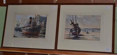 Lot 1223 - J C Middleton (20th Century) Boat moored on a beach and a ship in harbour, two watercolours...