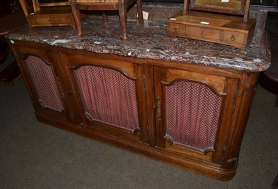 Lot 1283 - A side cabinet with marble top and three metal grill cupboards