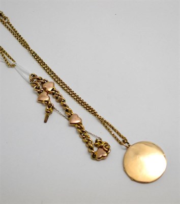Lot 17 - A 9ct gold photo locket with attached yellow metal chain, and a curb linked and heart bracelet with