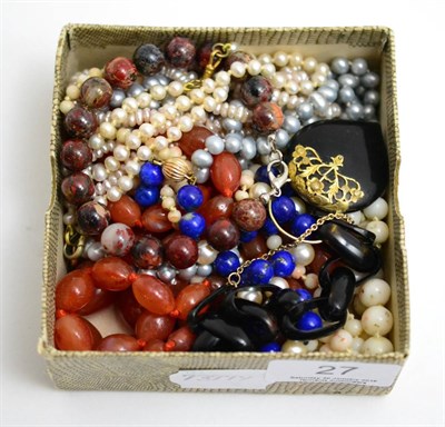 Lot 27 - An agate bracelet, a tortoiseshell bracelet, a lady's wristwatch and two cultured pearl...