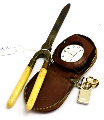 Lot 29 - Tavannes Watch Co pocket watch with leather case, cigar cutter, 9ct gold gents ring and hair...