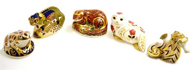 Lot 57 - Five Royal Crown Derby paperweights: Seahorse, Seal, Otter, Frog and Chameleon