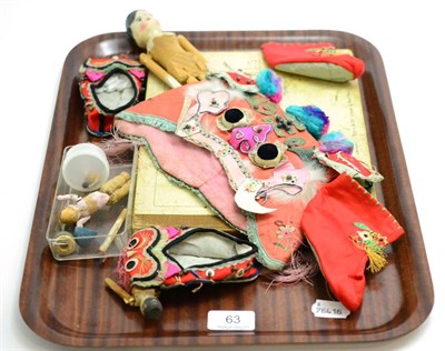 Lot 63 - Child's Chinese silk hat with appliques, pair of child's silk slippers and bootees, wooden and...