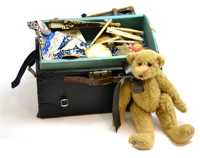 Lot 65 - Small dolls hinged trunk with lift out tray, with a jointed teddy bear, various fans,...