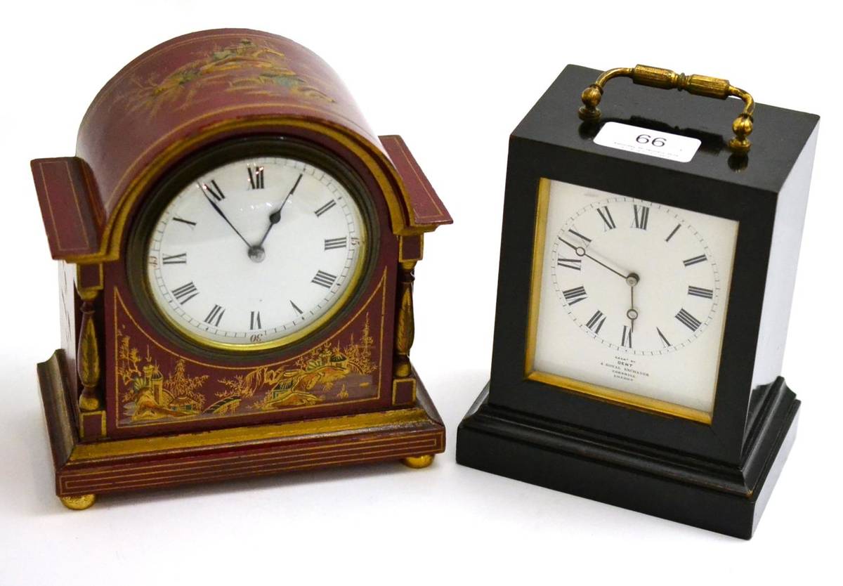 Lot 66 - A red Japanned mantel timepiece and an ebonised mantel timepiece signed Examined by Dent, 4...