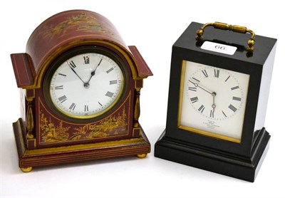 Lot 66 - A red Japanned mantel timepiece and an ebonised mantel timepiece signed Examined by Dent, 4...