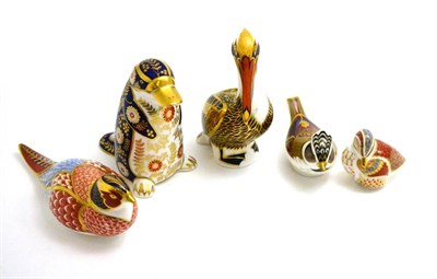 Lot 71 - Five Royal Crown Derby bird paperweights including: Teal Duckling, Crested tit, Pheasant, Brown...