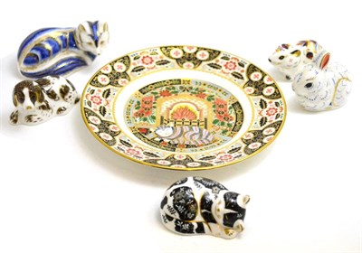 Lot 72 - Five Royal Crown Derby paperweights: Fox, Rabbit, Cat, Dog, Bank Vole and a Royal Crown Derby plate