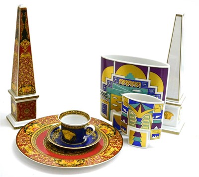 Lot 73 - Two Rosenthal vases, two Rosenthal obelisks, Rosenthal Versace cup and saucer and a charger