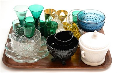 Lot 76 - Victorian pressed moulded glass, green coloured glass, two gilt beakers, etc
