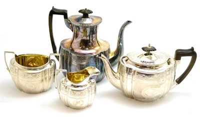 Lot 92 - Silver tea set; tea, hot water, cream and sugar
