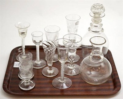 Lot 102 - Two 18th century air twist wine glasses, a double series opaque twist wine glass, etc