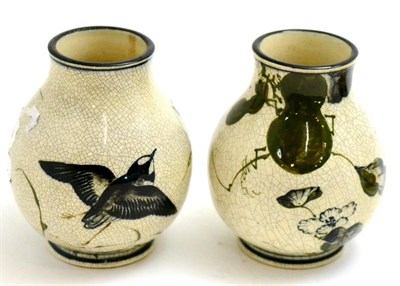 Lot 106 - A pair of Japanese porcelain small crackle-glazed baluster vases, Meji period, decorated with birds