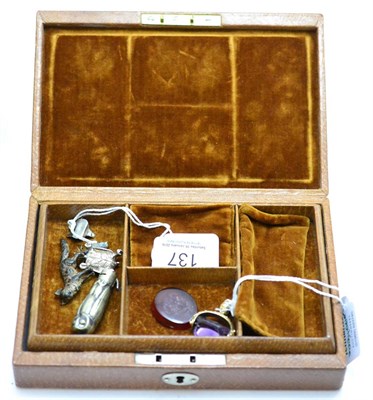 Lot 137 - A box containing an owl topper, a tortoise charm, a fox charm, a fox mask charm, a bird, a...