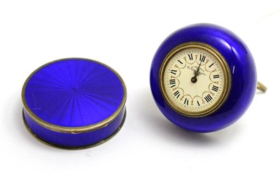 Lot 148 - A blue enamelled desk timepiece, retailed by Dreyfous, Paris, and a blue enamelled compact box