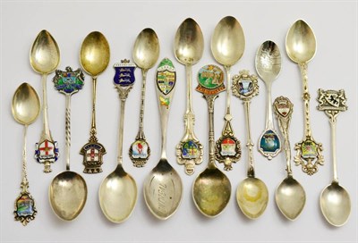 Lot 165 - Fifteen silver and white metal enamel souvenir spoons