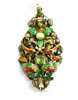Lot 173 - An Austro-Hungarian pendant, enamelled in red and green and set with pink and green stones and...