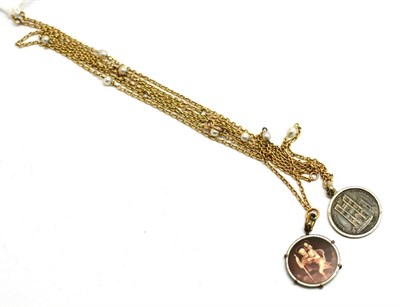 Lot 174 - A pearl set necklace hung with an enamelled St Christopher charm and another charm