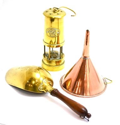 Lot 197 - A Welsh miner's lamp, a grain scoop and a copper funnel