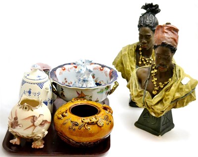 Lot 209 - A quantity of china including a pair of busts, a Japanese vase and a Continental jug
