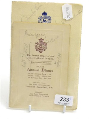 Lot 233 - Two menu cards, signed by Neville Chamberlain (1931) and Viscount Brentford (1930) (2)