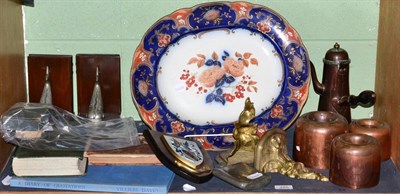 Lot 255 - Meat plate, copper moulds, bookends, pewter, cards, books, etc