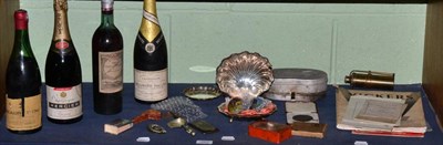 Lot 263 - An assortment of collectors items including a bottle of Chateau Gazin 1943, assorted silver and...