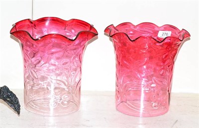 Lot 276 - A pair of large cranberry glass oil lamp shades