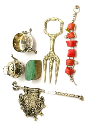 Lot 289 - A collection of white metal including a tea infuser, a hardstone set box, bracelet etc
