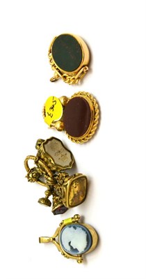 Lot 305 - Two yellow metal swivel fobs, five gilt metal seal fobs and a pendant