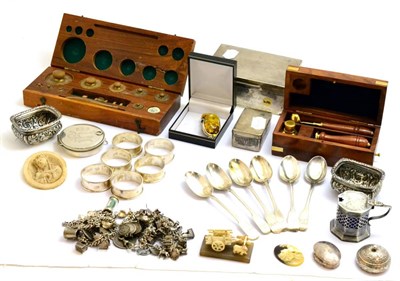 Lot 307 - A collection of silver and white metal including assorted salts, a pyx, spoons, etc