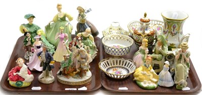 Lot 335 - A group of modern Dresden porcelain, Royal Doulton figures, Lladro etc (on two trays)