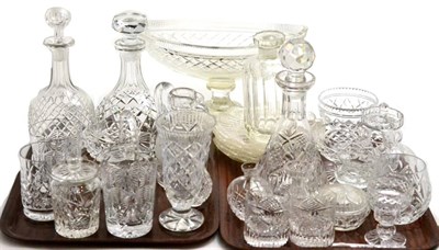 Lot 338 - Two trays of Waterford and other cut glass and a 19th century cut glass fruit bowl on pedestal...