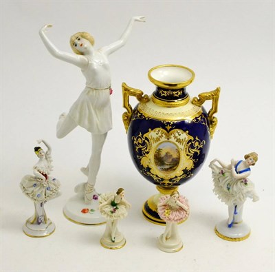 Lot 344 - A Copeland porcelain vase (handle cracked), four German porcelain figures and a Rosenthal figure