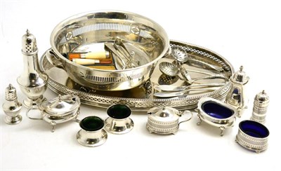 Lot 351 - A group of silver condiments, casters, etc together with silver plated tray and bowl and a...