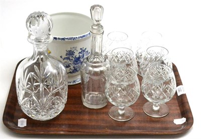 Lot 353 - A group of glass including decanters, tumblers, brandy balloons, etc together with a blue...