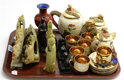 Lot 354 - A group of Oriental items including soapstone carvings, figural carvings, a cinnabar lacquer...