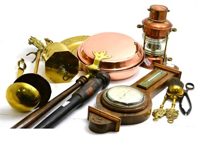 Lot 357 - A brass companion set, an oak barometer, a copper bedpan, brass scales and ladle, a 19th...