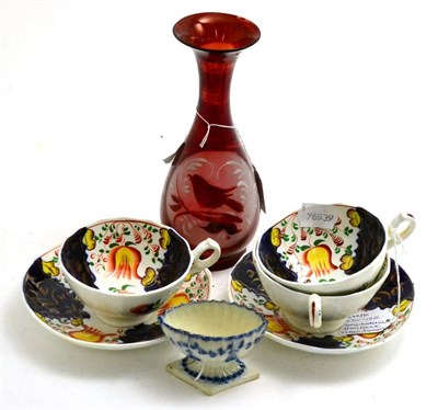 Lot 359 - A salt, three teacups and two saucers together with a glass vase