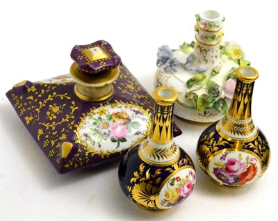 Lot 361 - A 19th century cushion form scent bottle and stopper painted with two sprays of flowers and...