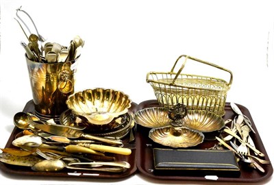 Lot 364 - A collection of assorted silver plate including various flatware, ice bucket, etc (on two trays)