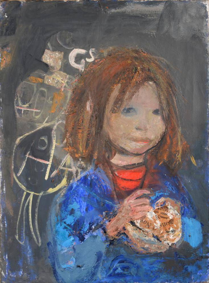 Lot 605 - Joan Kathleen Eardley RSA (1921-1963)  "Girl with a poke of chips "  Signed verso, oil on...