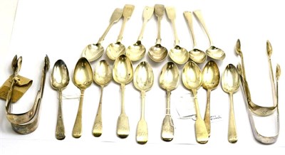 Lot 389 - A collection of silver teaspoons and sugar tongs