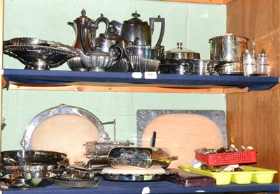 Lot 406 - A collection of assorted silver plate including assorted entree dishes, cake basket, four piece tea